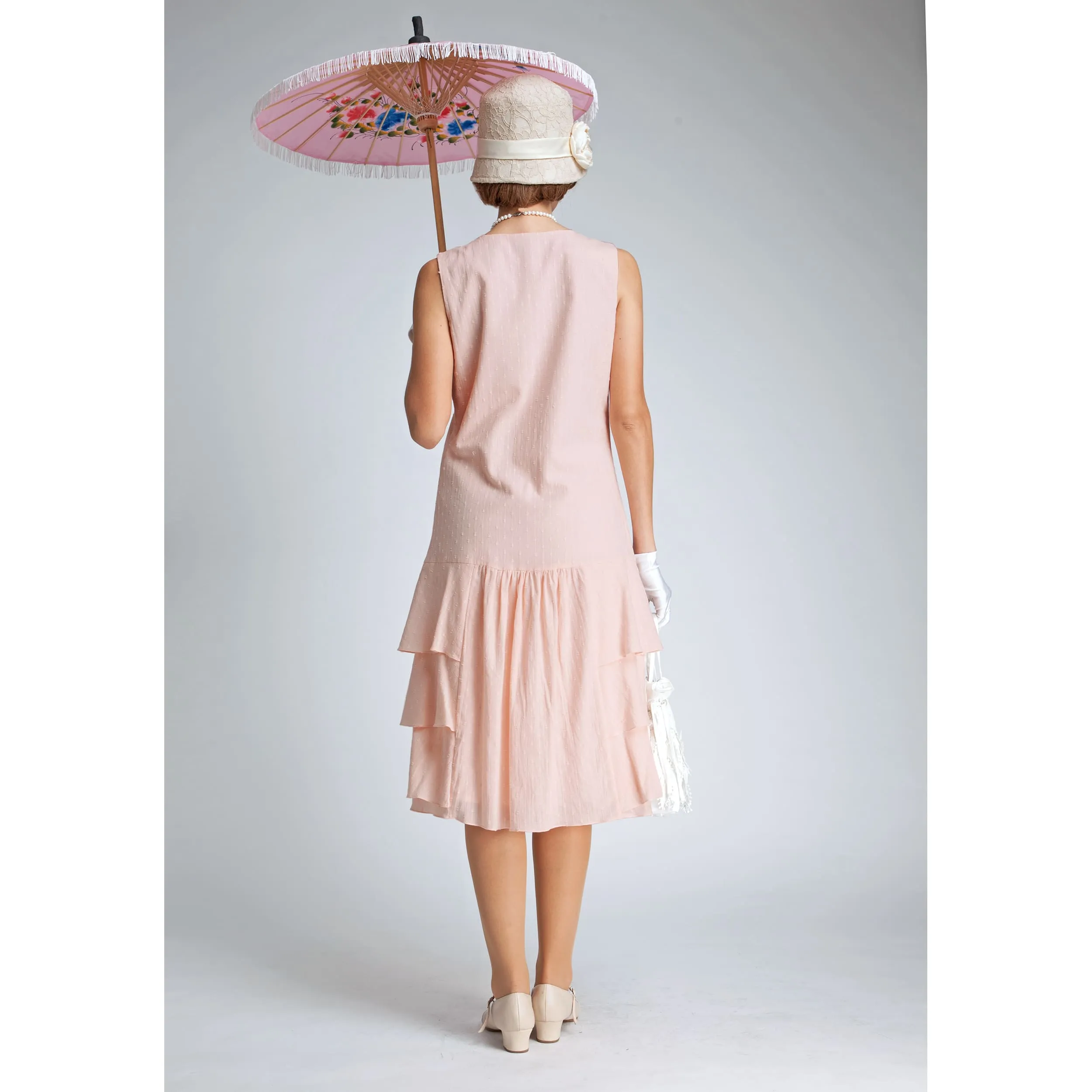 1920s dress in pale peach cotton with tiered skirt