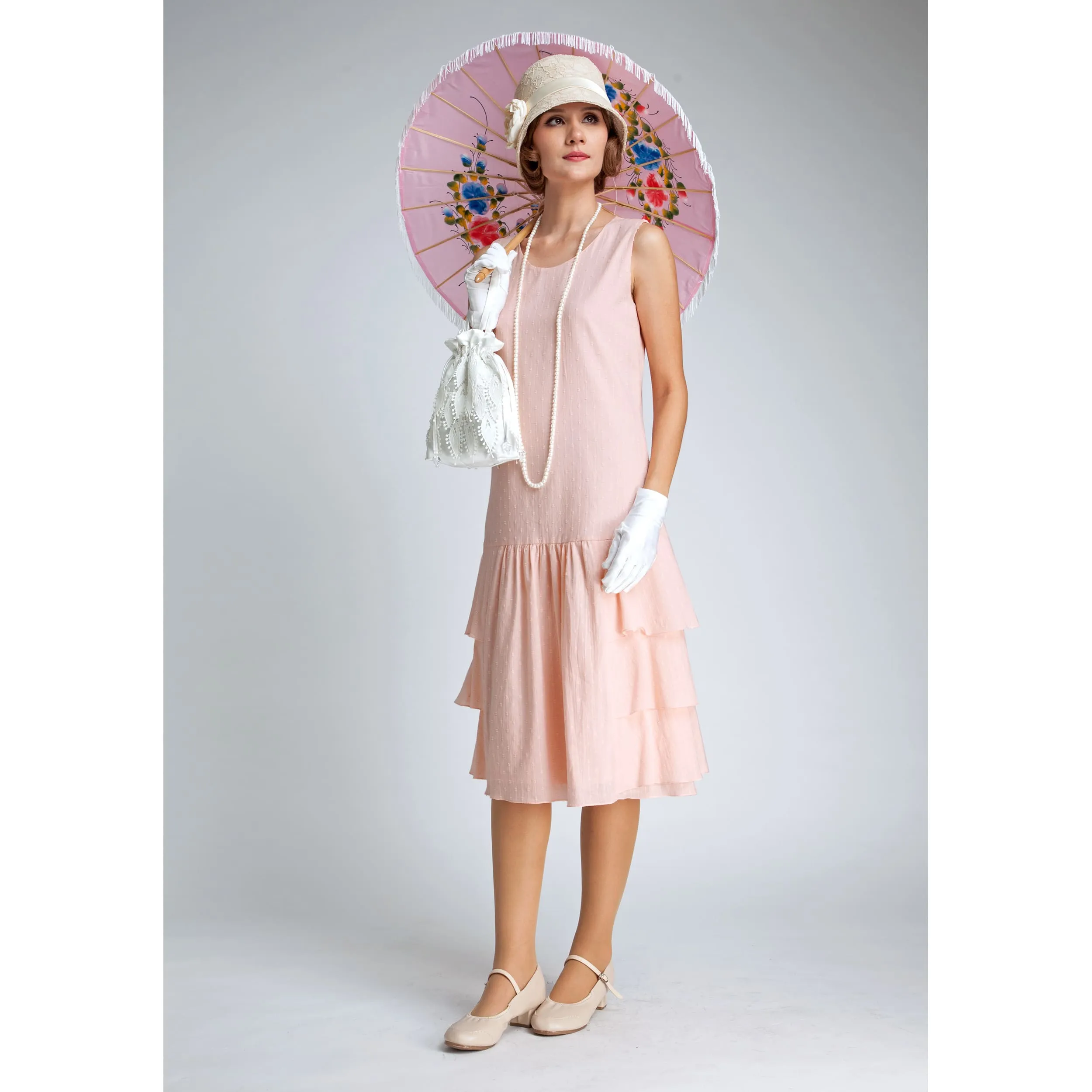 1920s dress in pale peach cotton with tiered skirt