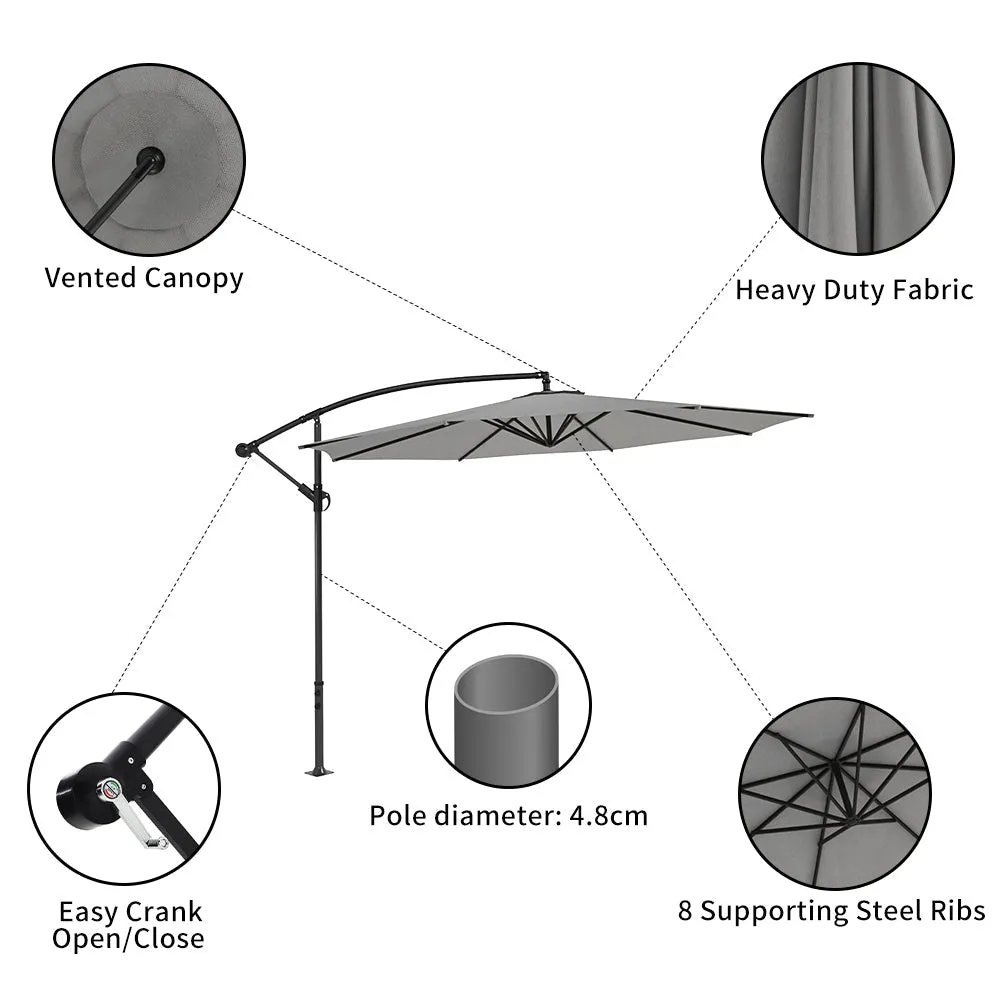 3M Light Grey Sun Parasol Hanging Banana Umbrella Outdoor Sun Shade