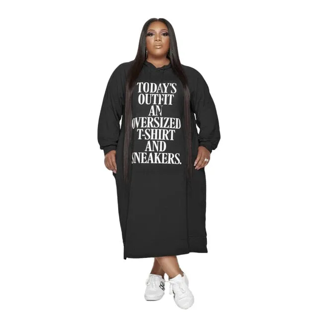 5XL "Todays Outfit..." Letter Cassual Hoodie Dress Pullover Long Sleeve Mid Calf Plus Size Women