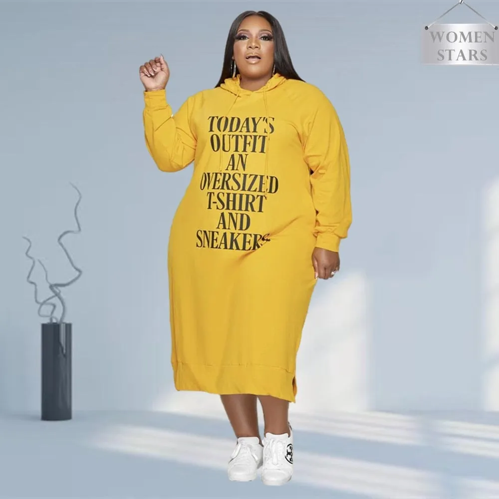 5XL "Todays Outfit..." Letter Cassual Hoodie Dress Pullover Long Sleeve Mid Calf Plus Size Women