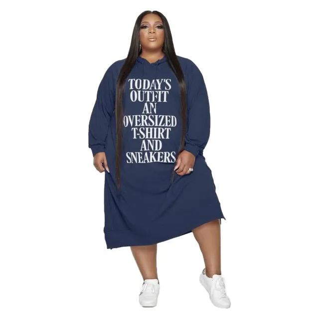 5XL "Todays Outfit..." Letter Cassual Hoodie Dress Pullover Long Sleeve Mid Calf Plus Size Women