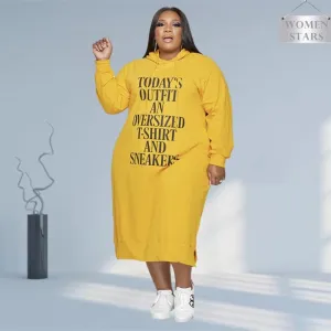 5XL "Todays Outfit..." Letter Cassual Hoodie Dress Pullover Long Sleeve Mid Calf Plus Size Women