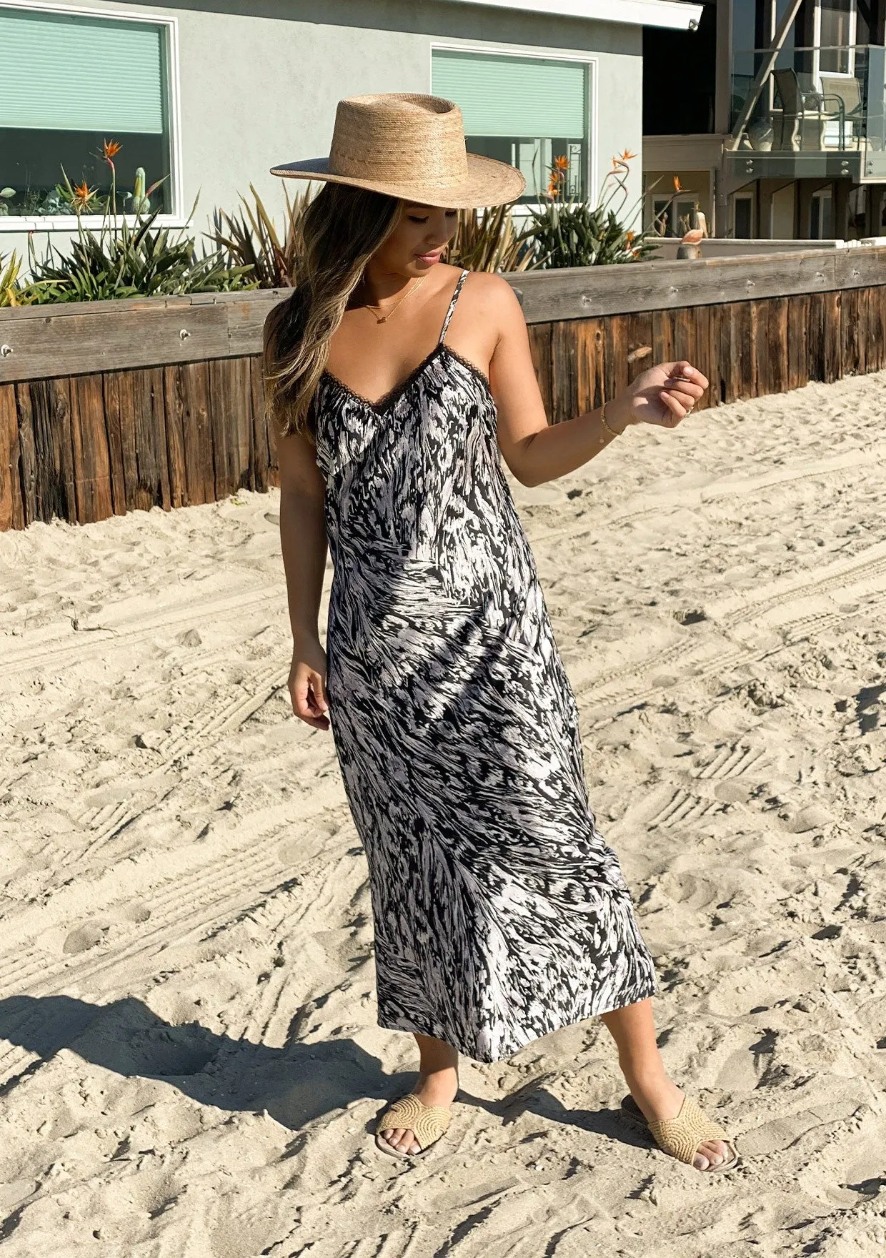 Abstract Print Silky Mid Length Slip Dress