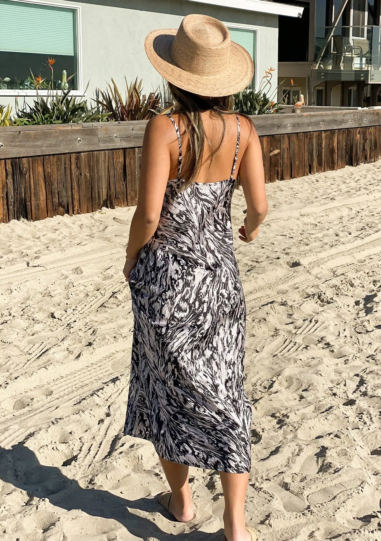 Abstract Print Silky Mid Length Slip Dress