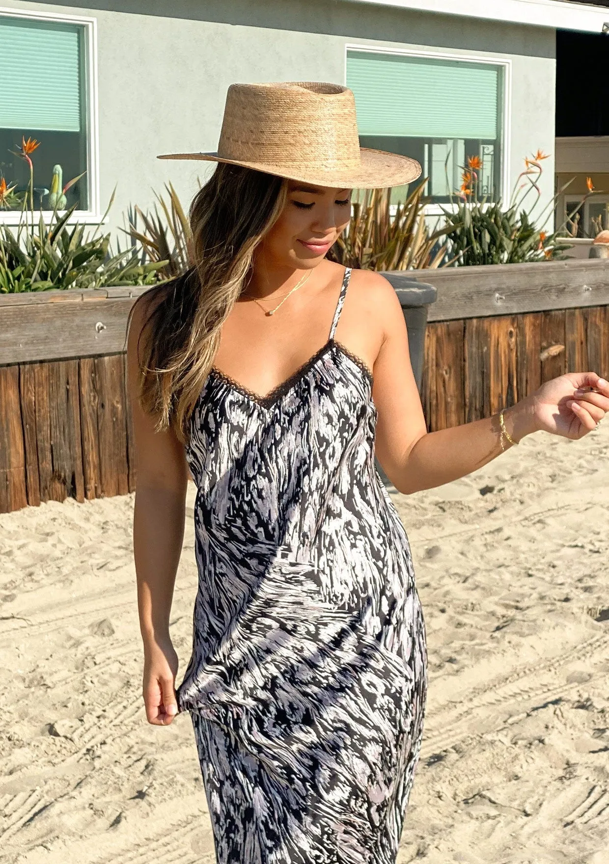 Abstract Print Silky Mid Length Slip Dress