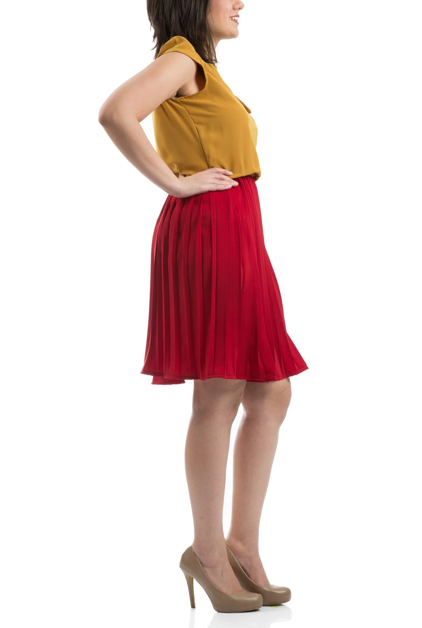 Accordion Pleated Dress - Red & Mustard