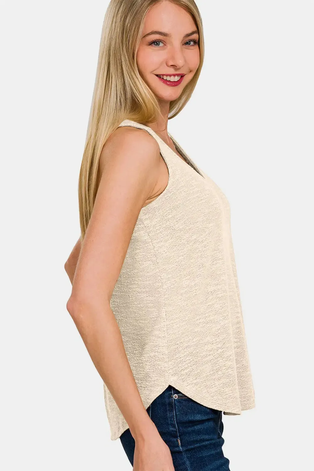 Ashley Sand Beige V-Neck Curved Hem Tank