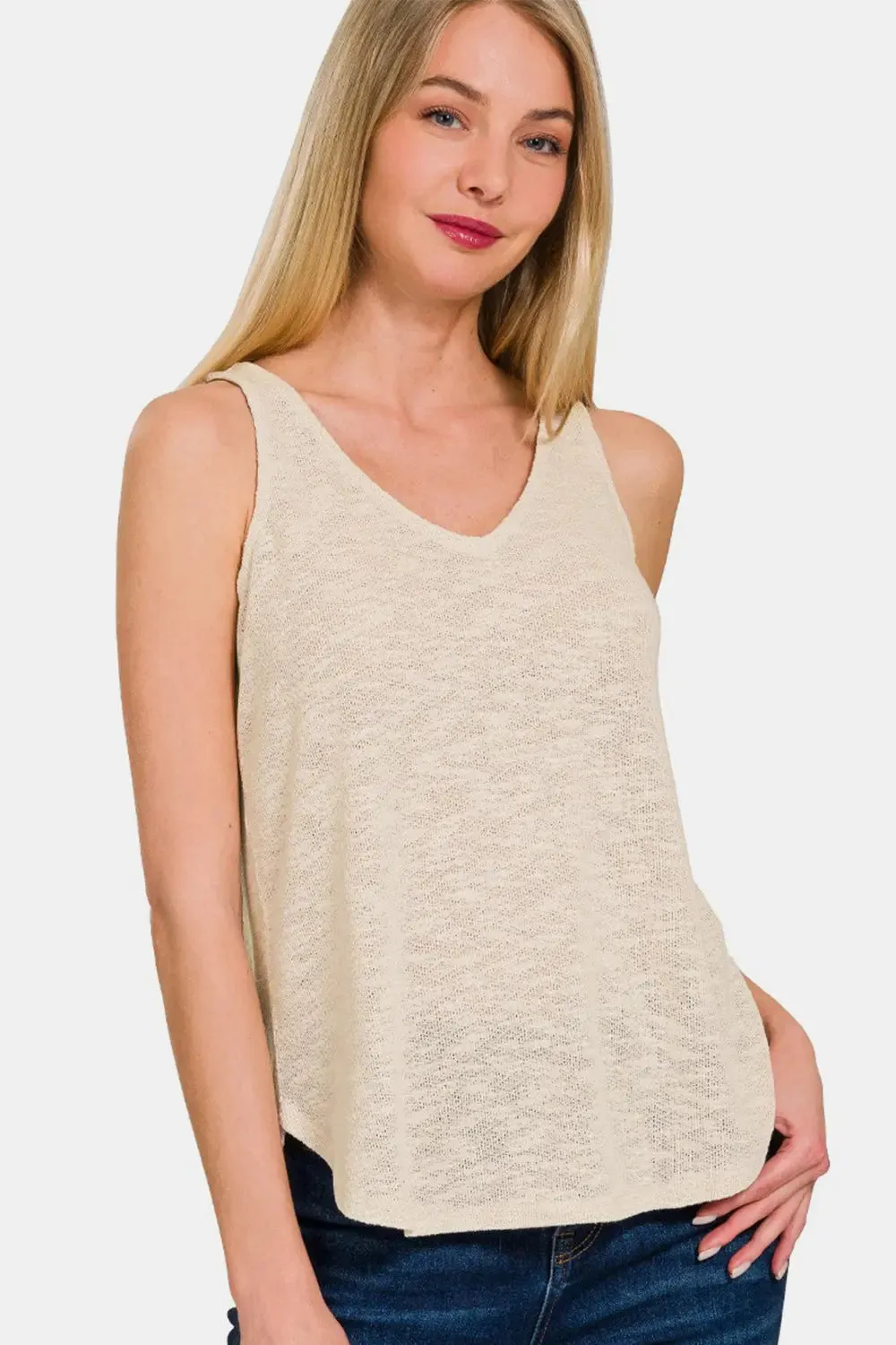 Ashley Sand Beige V-Neck Curved Hem Tank