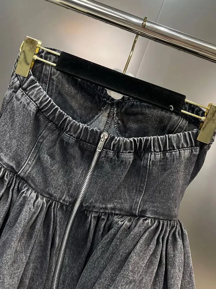 Backless Denim Tank Tops For Women Strapless Sleeveless Folds Minimalist Summer Off Shoulder Vest Female Fashion