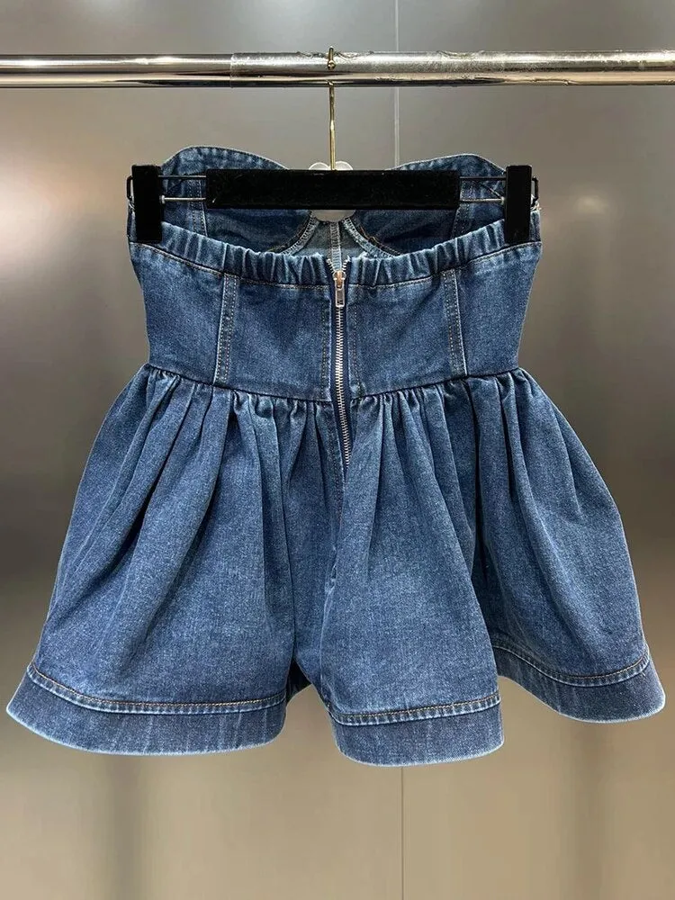 Backless Denim Tank Tops For Women Strapless Sleeveless Folds Minimalist Summer Off Shoulder Vest Female Fashion