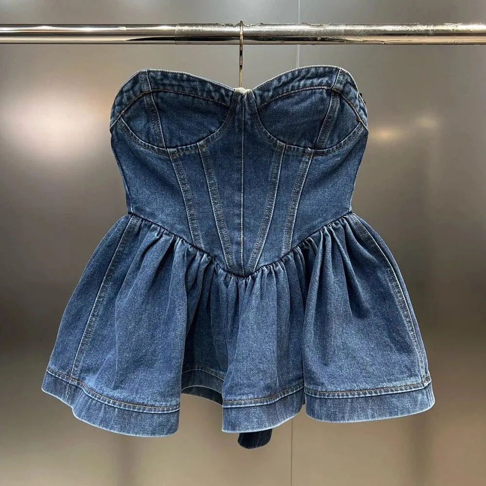 Backless Denim Tank Tops For Women Strapless Sleeveless Folds Minimalist Summer Off Shoulder Vest Female Fashion