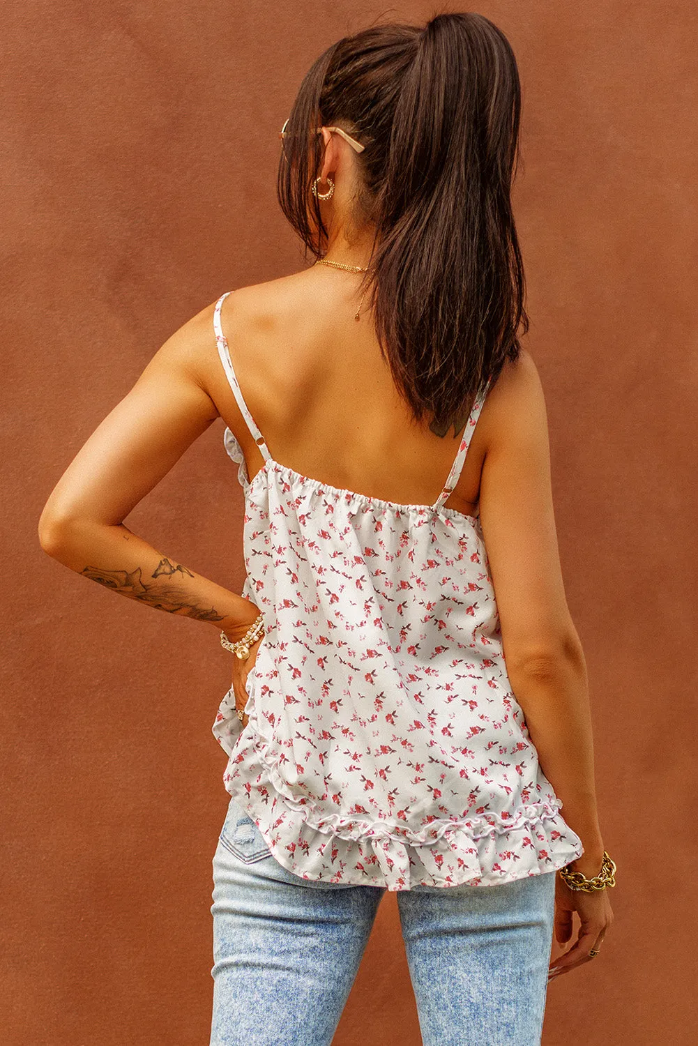 Beige Floral V Neck Flowy Tank Top