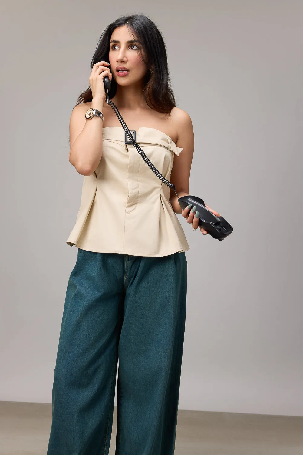 Beige Pleated Belt Tube Top