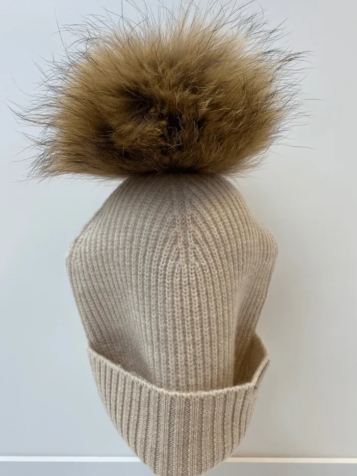 BKLYN Wool Beanie Oatmeal Hat Brown Pom Pom