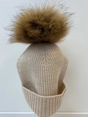BKLYN Wool Beanie Oatmeal Hat Brown Pom Pom