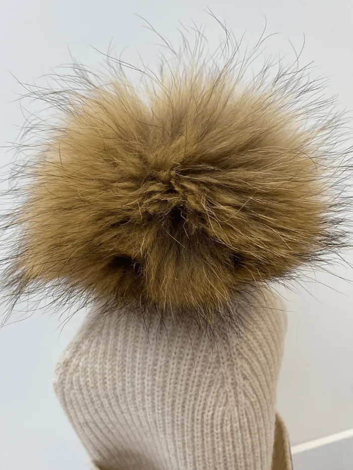 BKLYN Wool Beanie Oatmeal Hat Brown Pom Pom