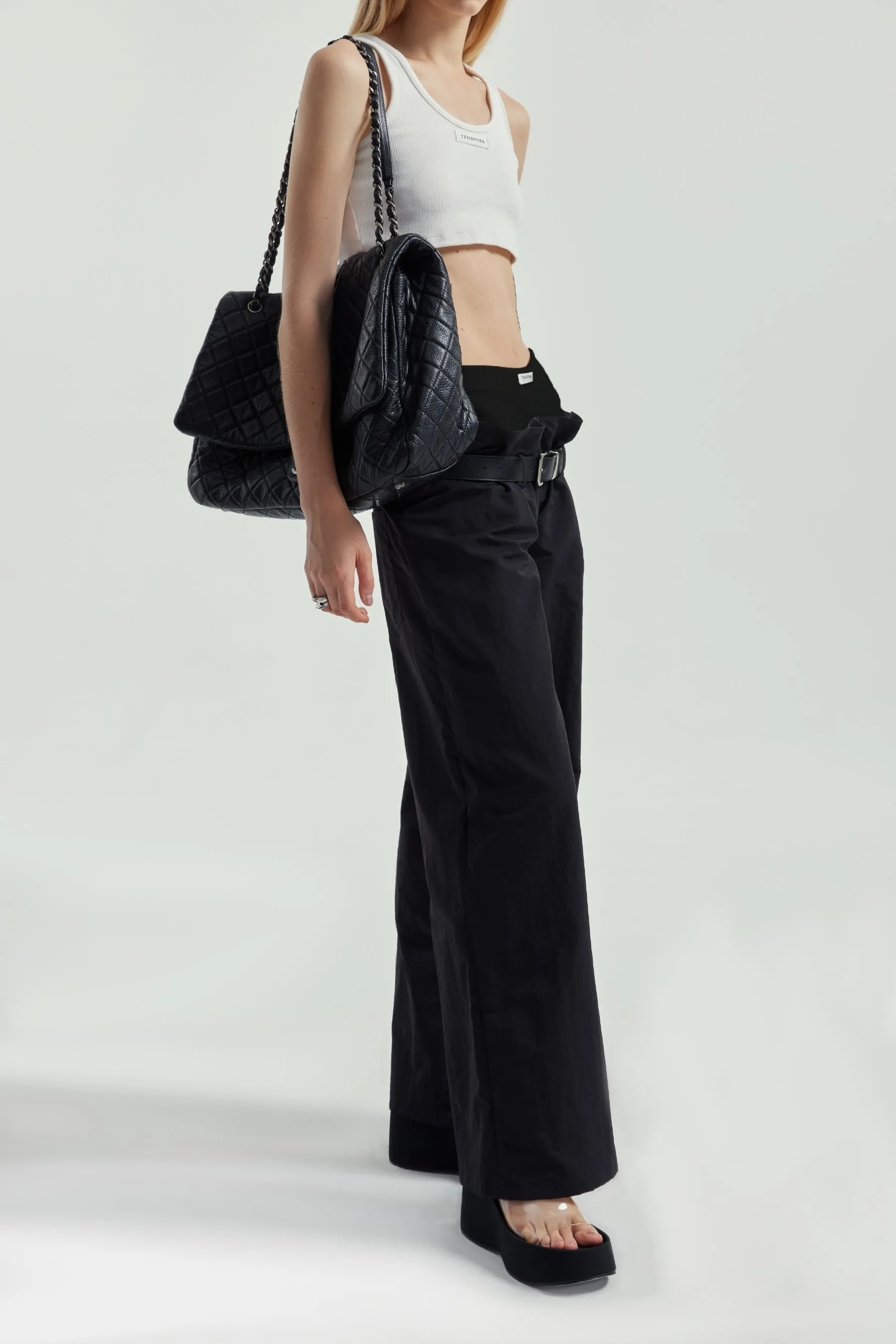 Black Fake Two-Piece Ribbed Cargo Pants