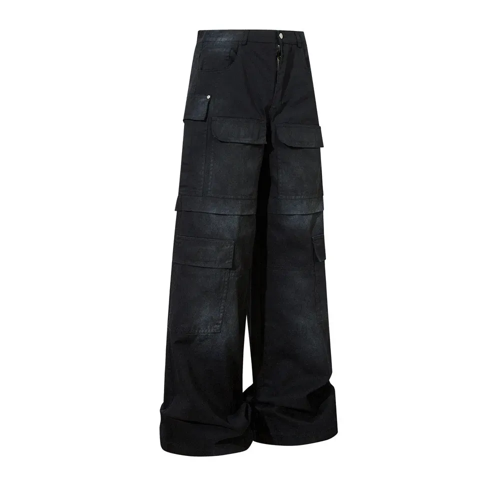 Black Heavy Industry Denim Cargo Pants - Men's Multi-pocket Wide Leg Jeans