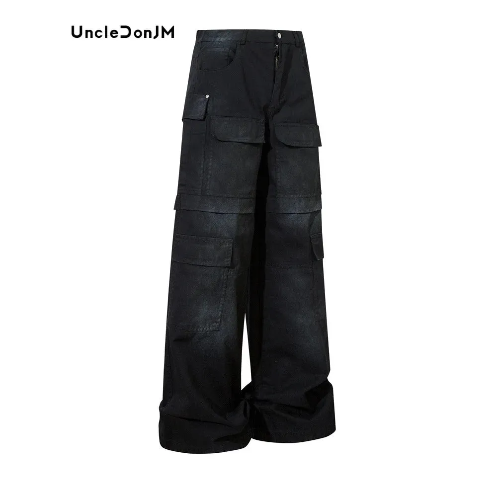 Black Heavy Industry Denim Cargo Pants - Men's Multi-pocket Wide Leg Jeans