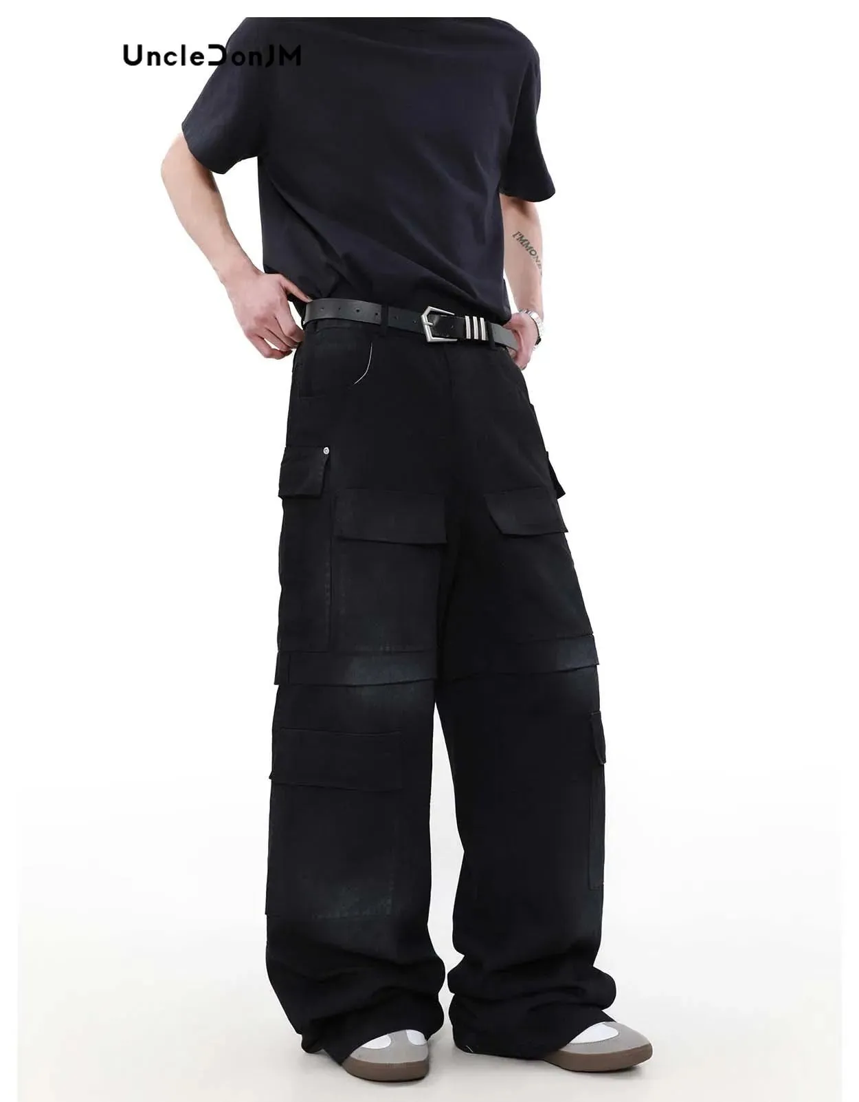 Black Heavy Industry Denim Cargo Pants - Men's Multi-pocket Wide Leg Jeans