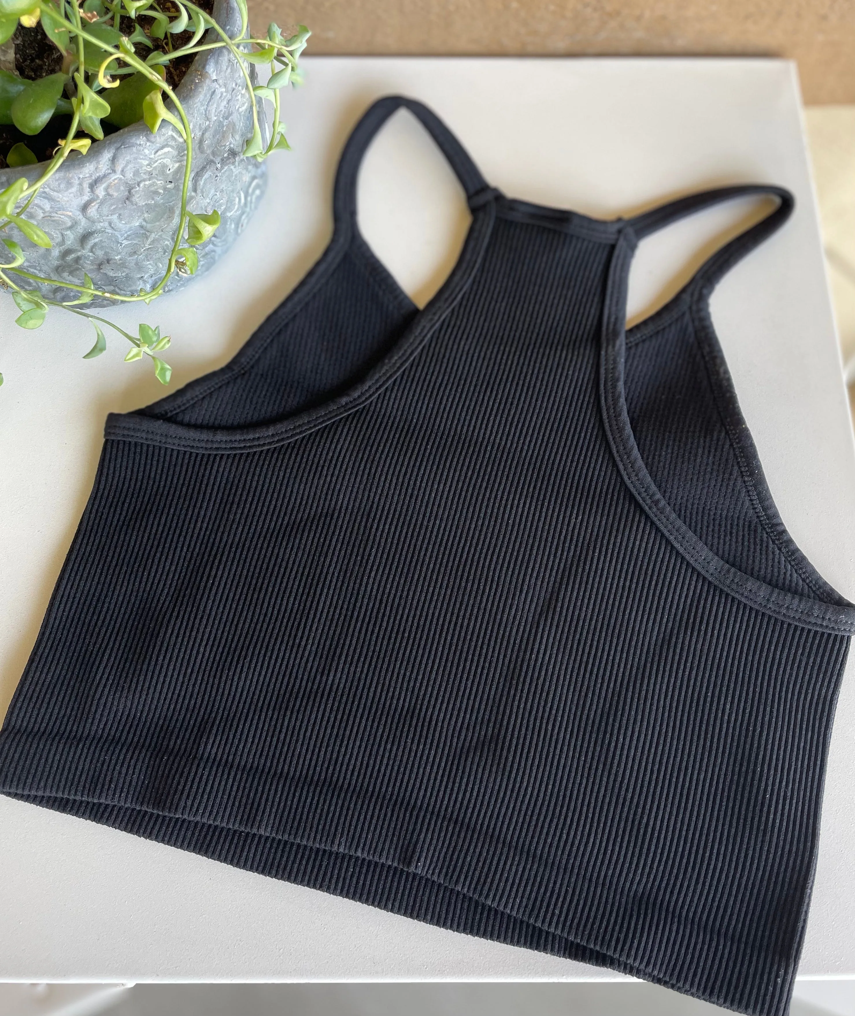 Black Ribbed OS Racerback Crop Tank by Dynamic Fashion