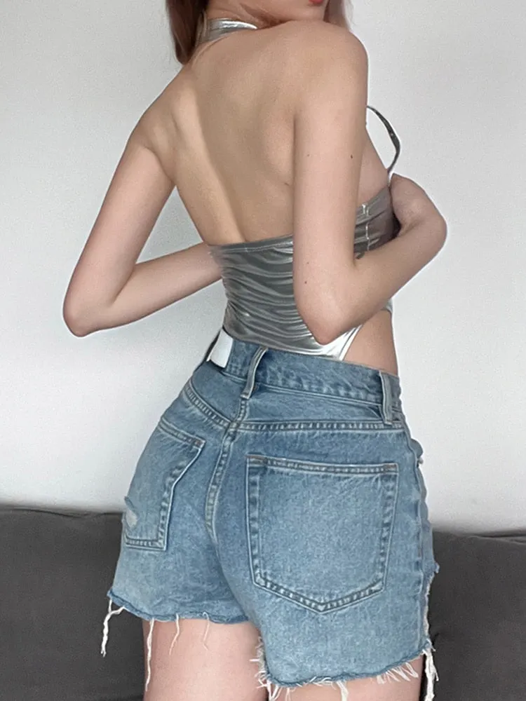 Bling Silver Halter Neck Backless Slim Bodysuit