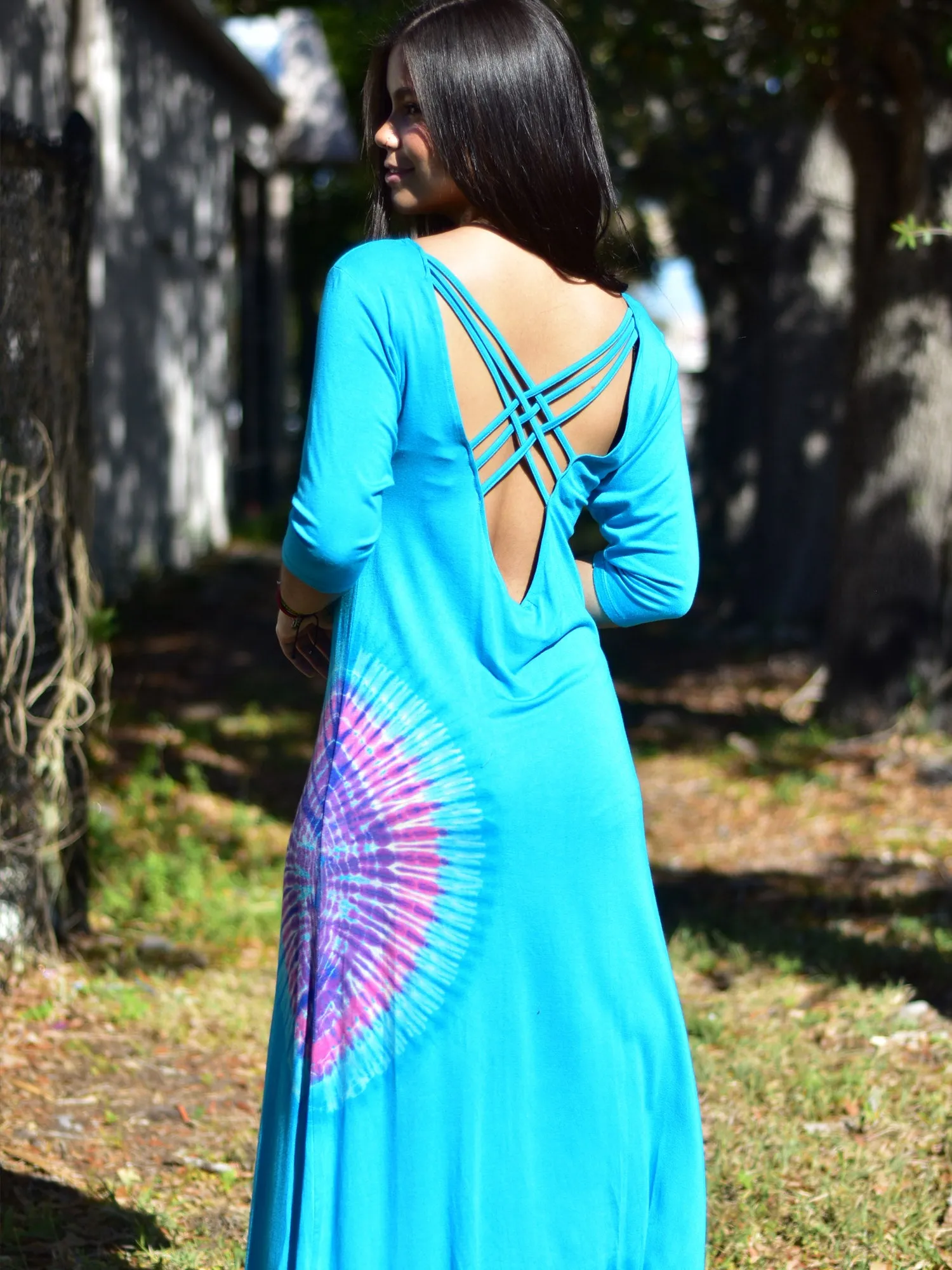 Boho hippie Tie-Dye stretchy spandex elbow sleeve long maxi dress