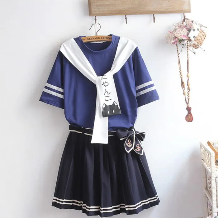 Cartoon Cat Fish Letter Print T-Shirt Pleated Skirt