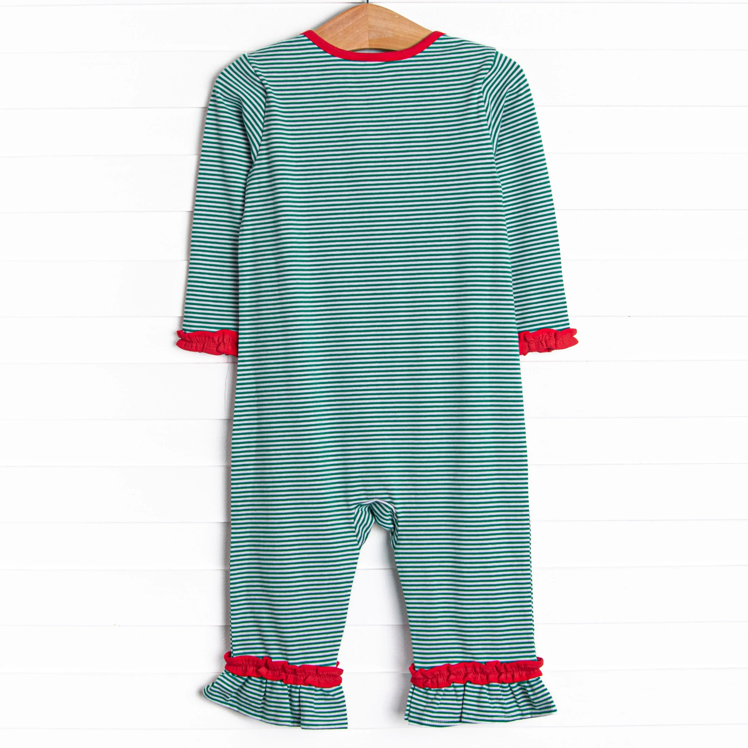 Checking It Twice Applique Ruffle Long Romper, Red and Green
