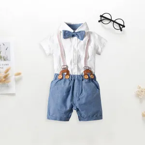Cotton Babywear 4-Piece Outfits Set Short Sleeve Button Down White Bodysuit and Adjustable Shoulder Straps Shorts and Bow Tie
