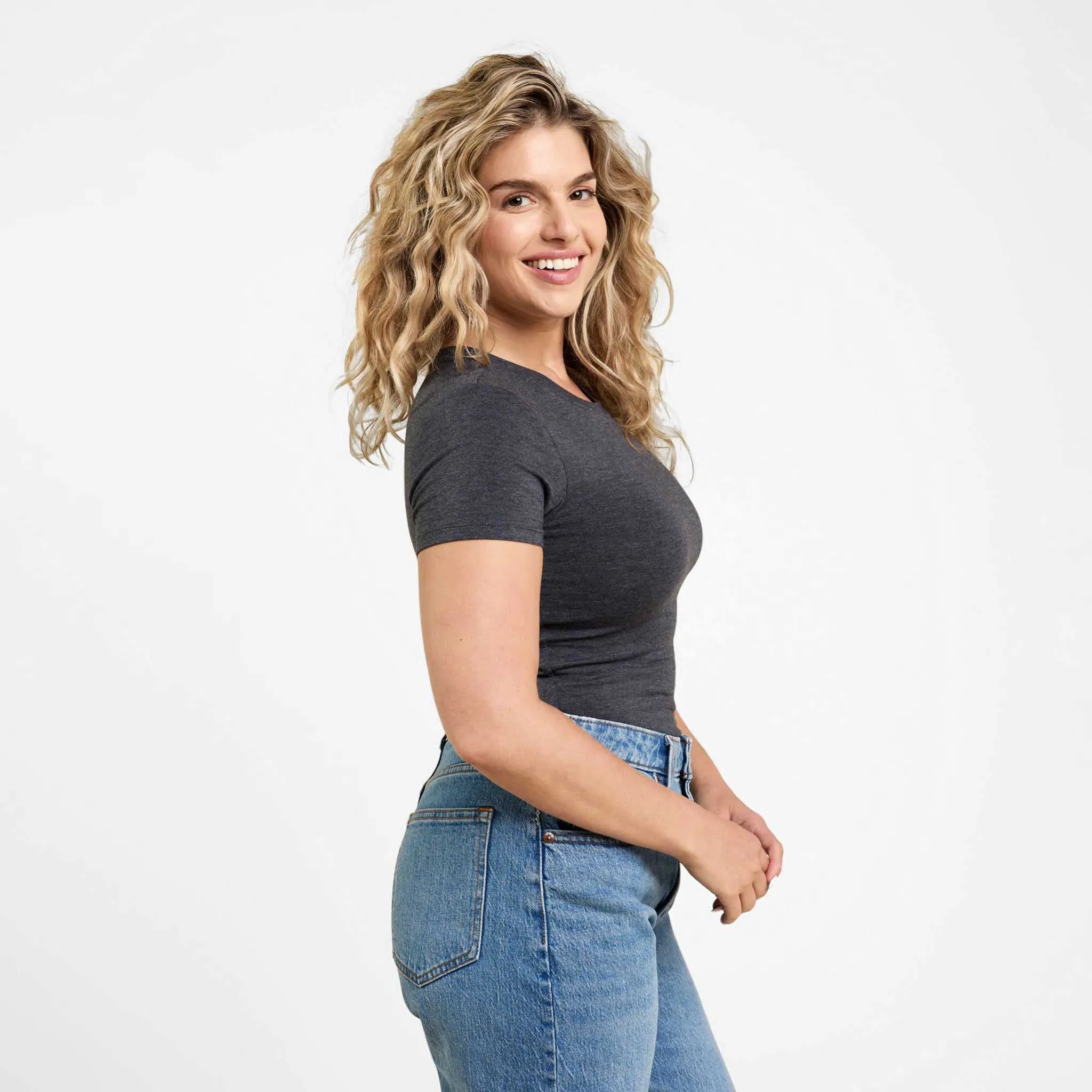 Cotton Stretch Short Sleeve Crewneck Bodysuit | Heather Charcoal