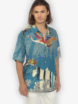 Cranes Waves Blue Silk Men’s Shirt