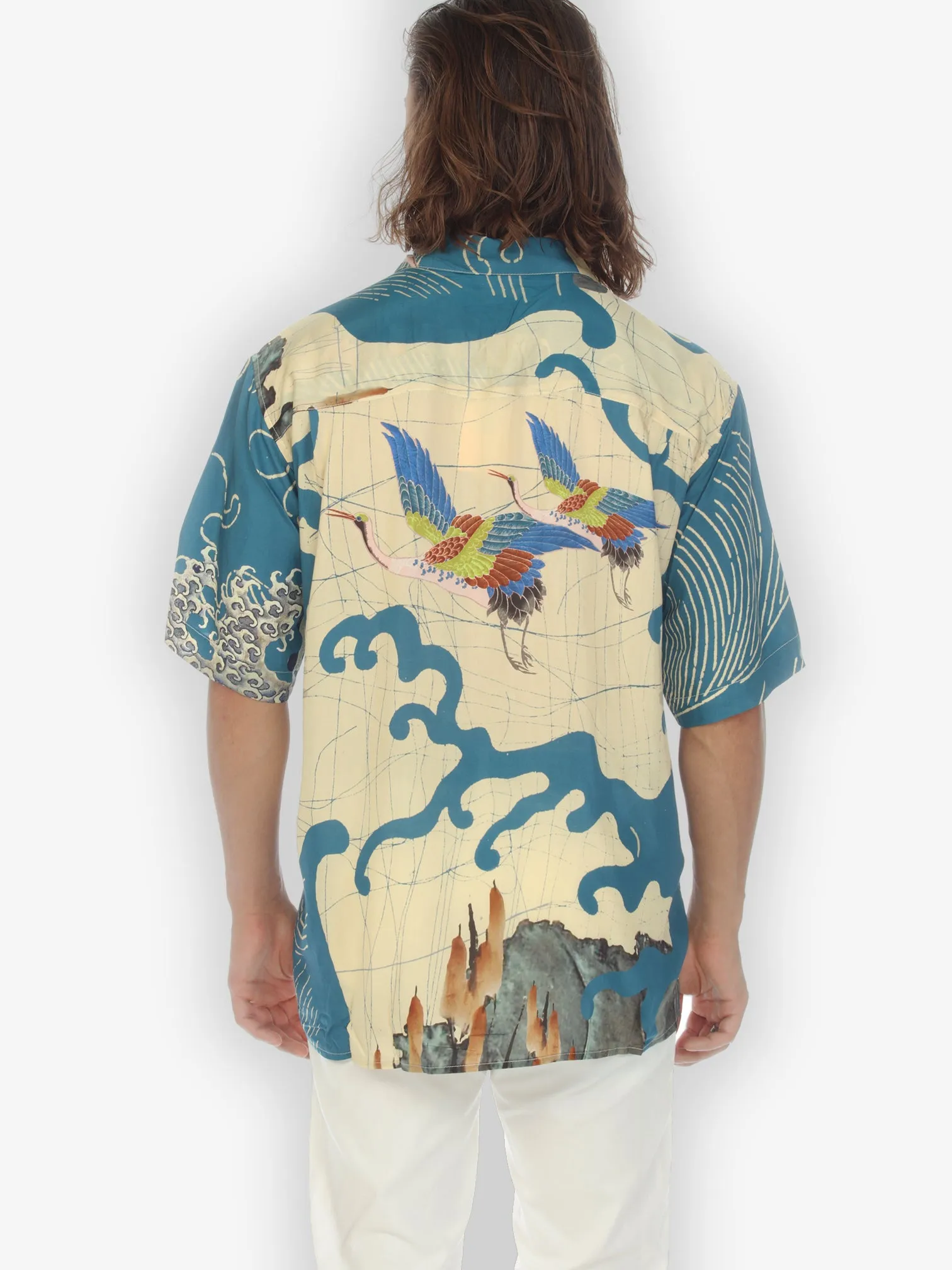 Cranes Waves Blue Silk Men’s Shirt