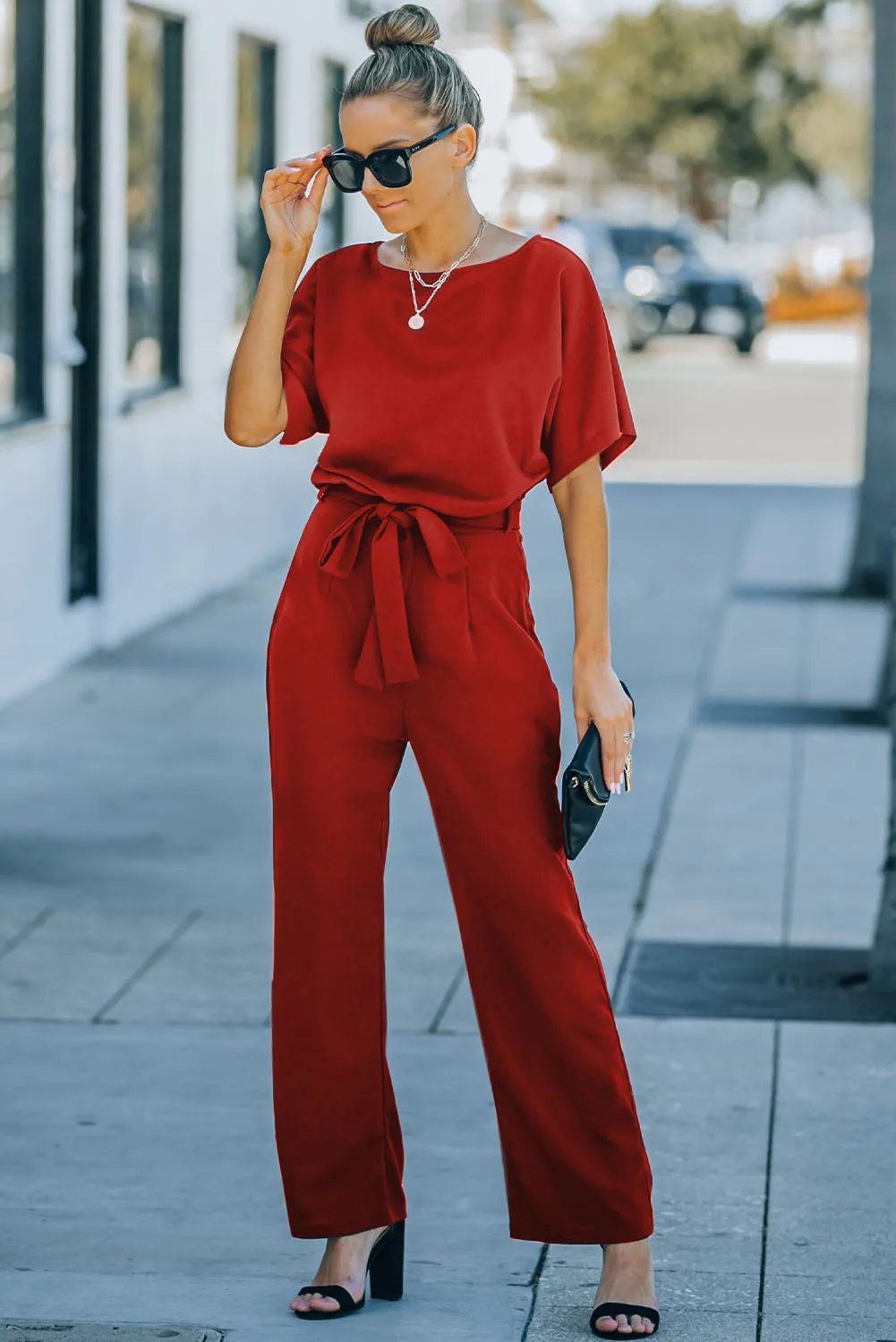 Date Night Blouse Jumpsuit Red
