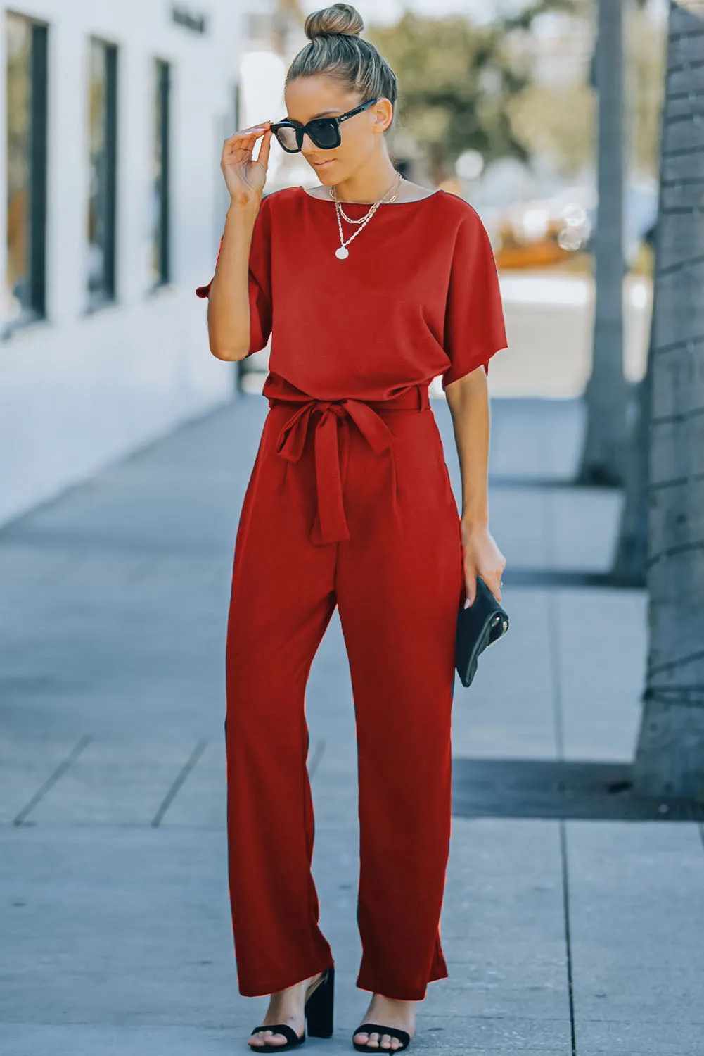 Date Night Blouse Jumpsuit Red