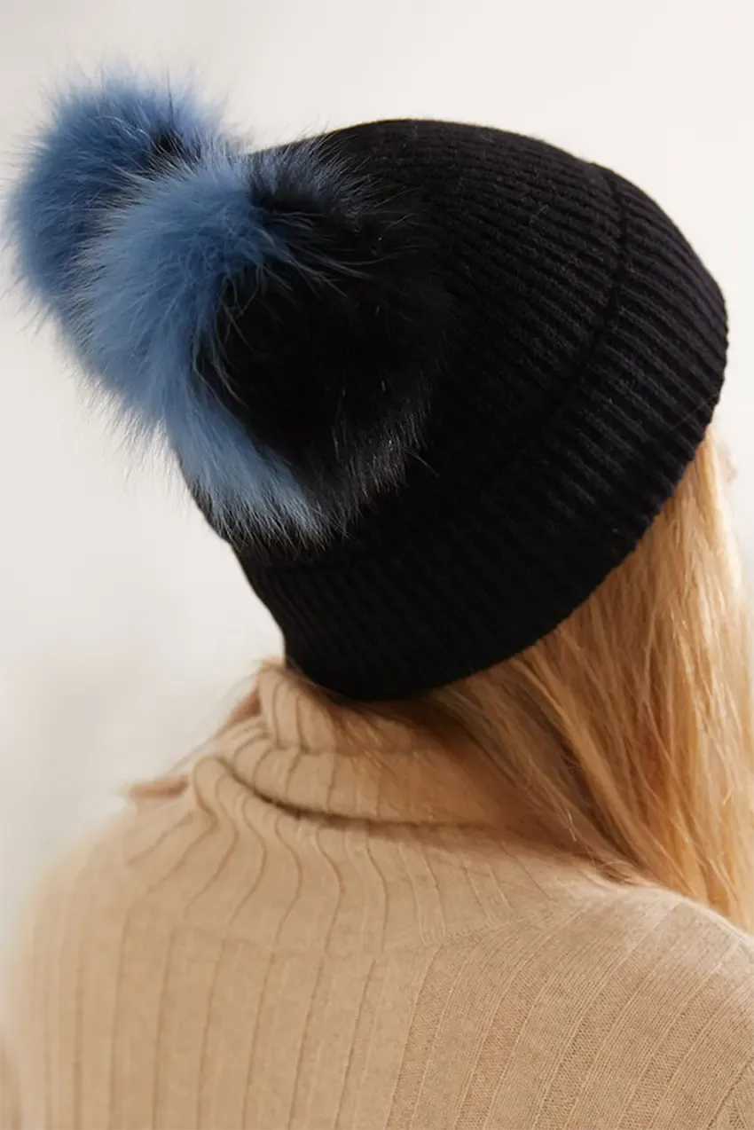 Double Pom Pom Knit Cashmere Beanie In Black
