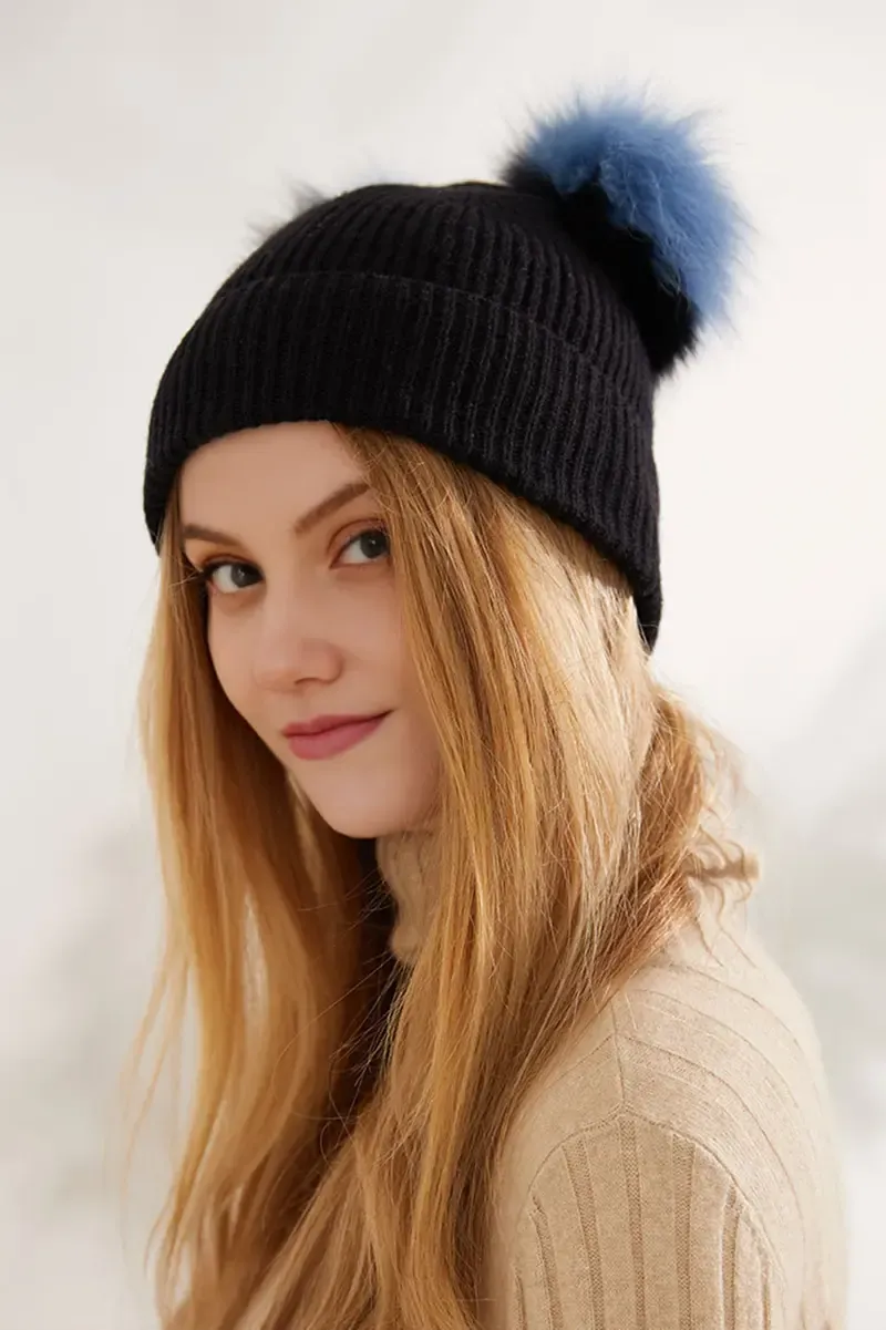 Double Pom Pom Knit Cashmere Beanie In Black
