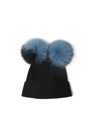 Double Pom Pom Knit Cashmere Beanie In Black