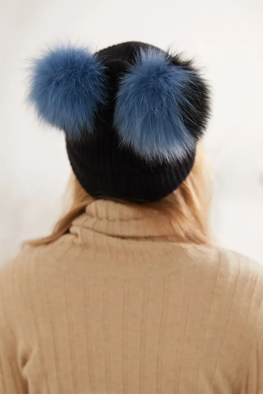 Double Pom Pom Knit Cashmere Beanie In Black