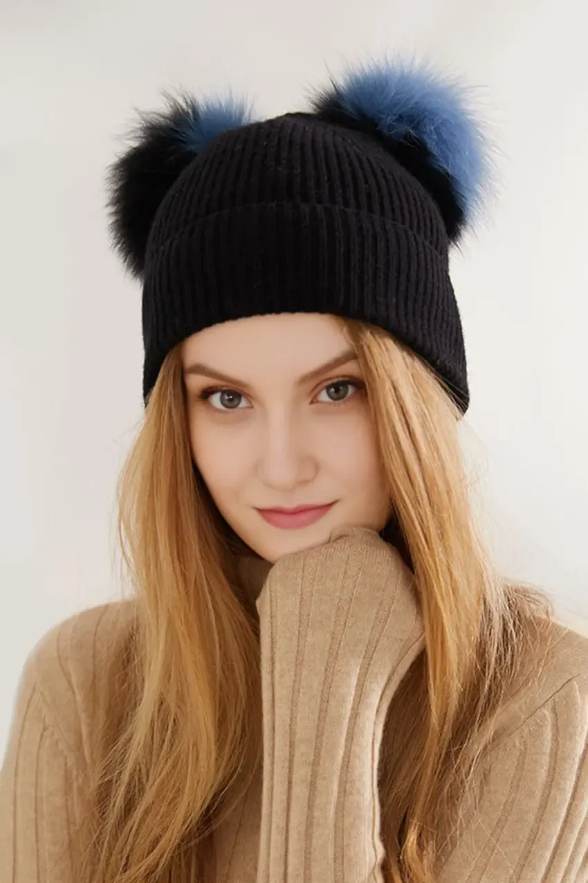 Double Pom Pom Knit Cashmere Beanie In Black