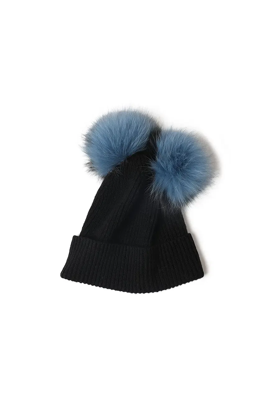 Double Pom Pom Knit Cashmere Beanie In Black