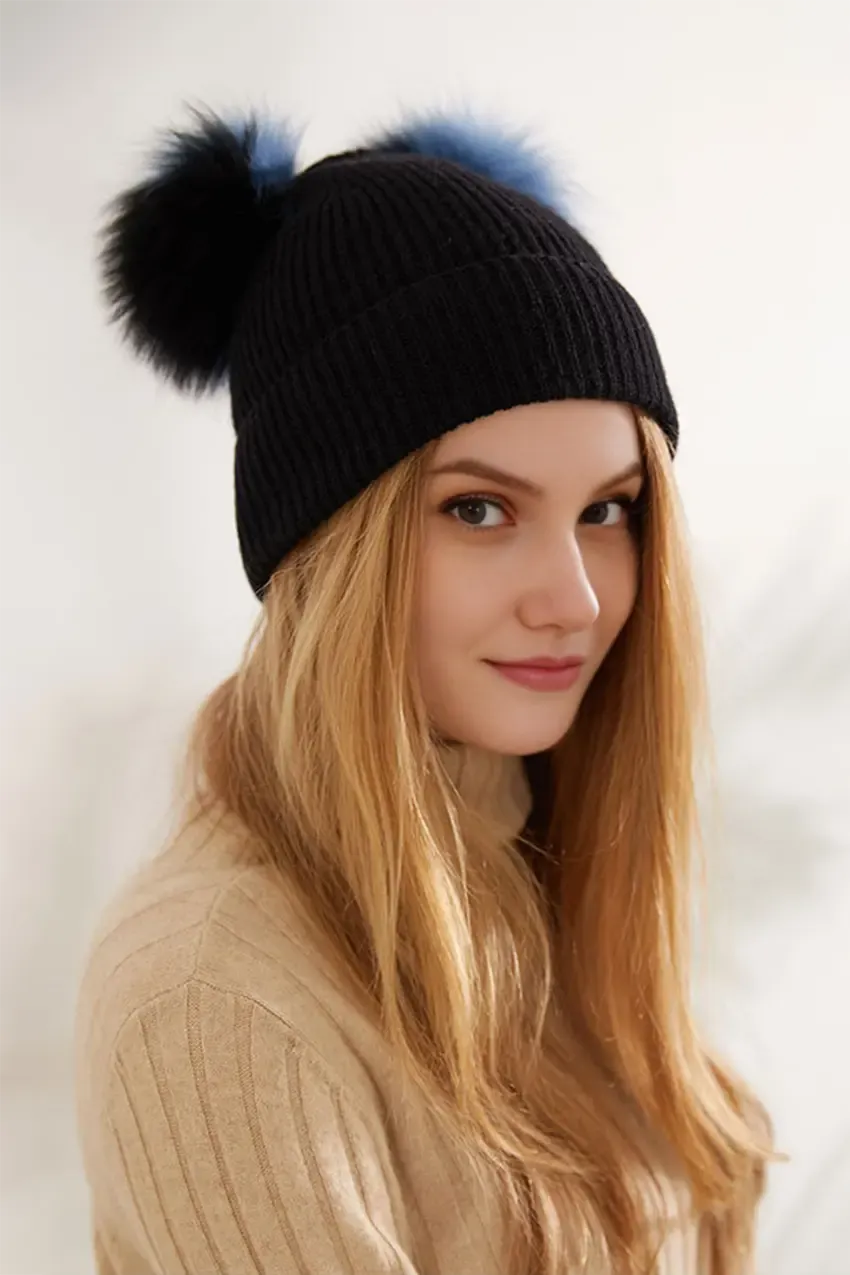 Double Pom Pom Knit Cashmere Beanie In Black