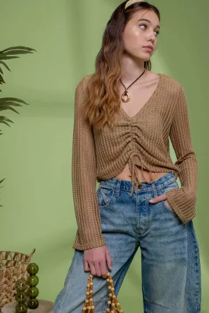 DRAWSTRING LONG SLEEVE SHEER CROCHET TOP