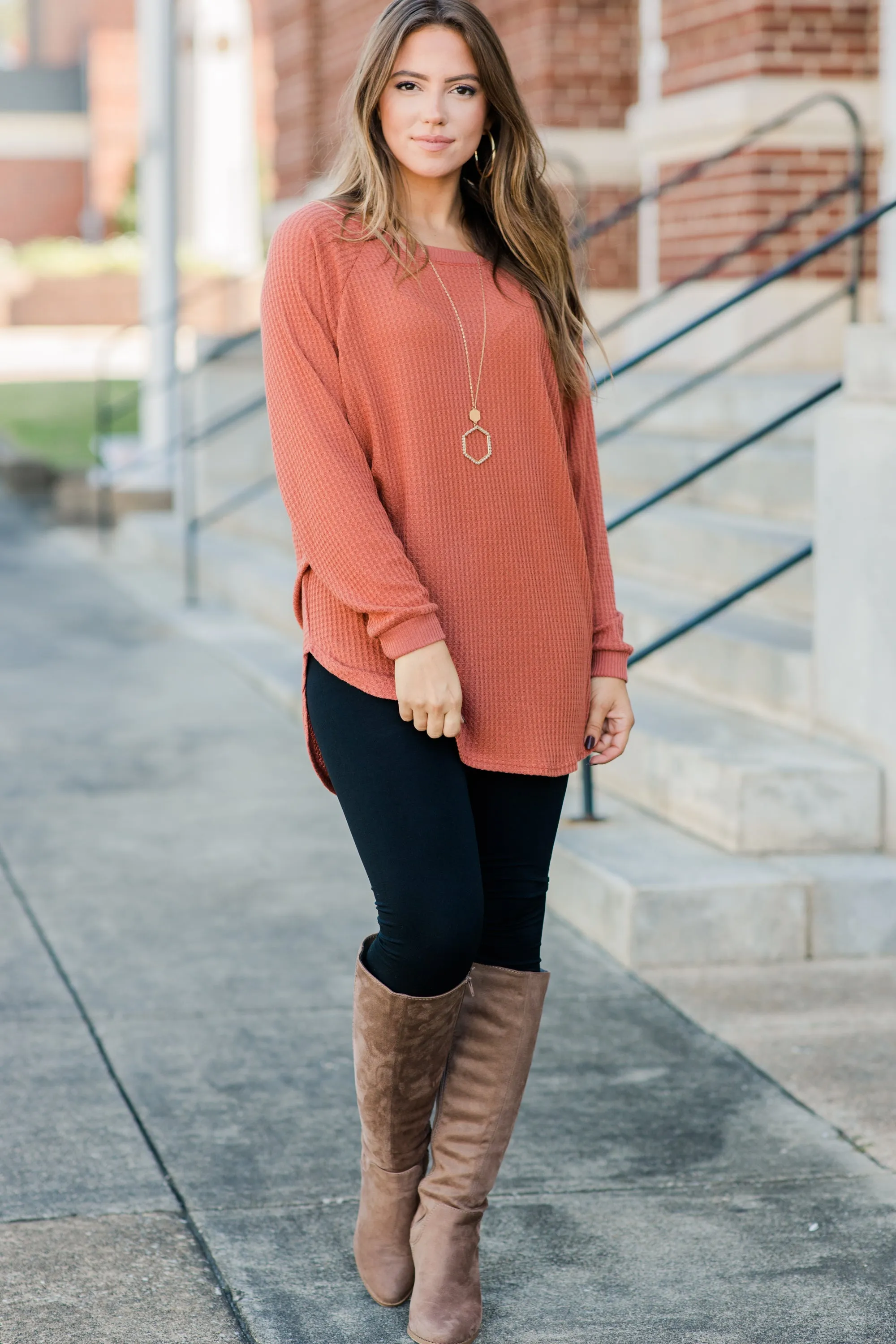 Easy Like Sunday Rust Orange Waffle Tunic