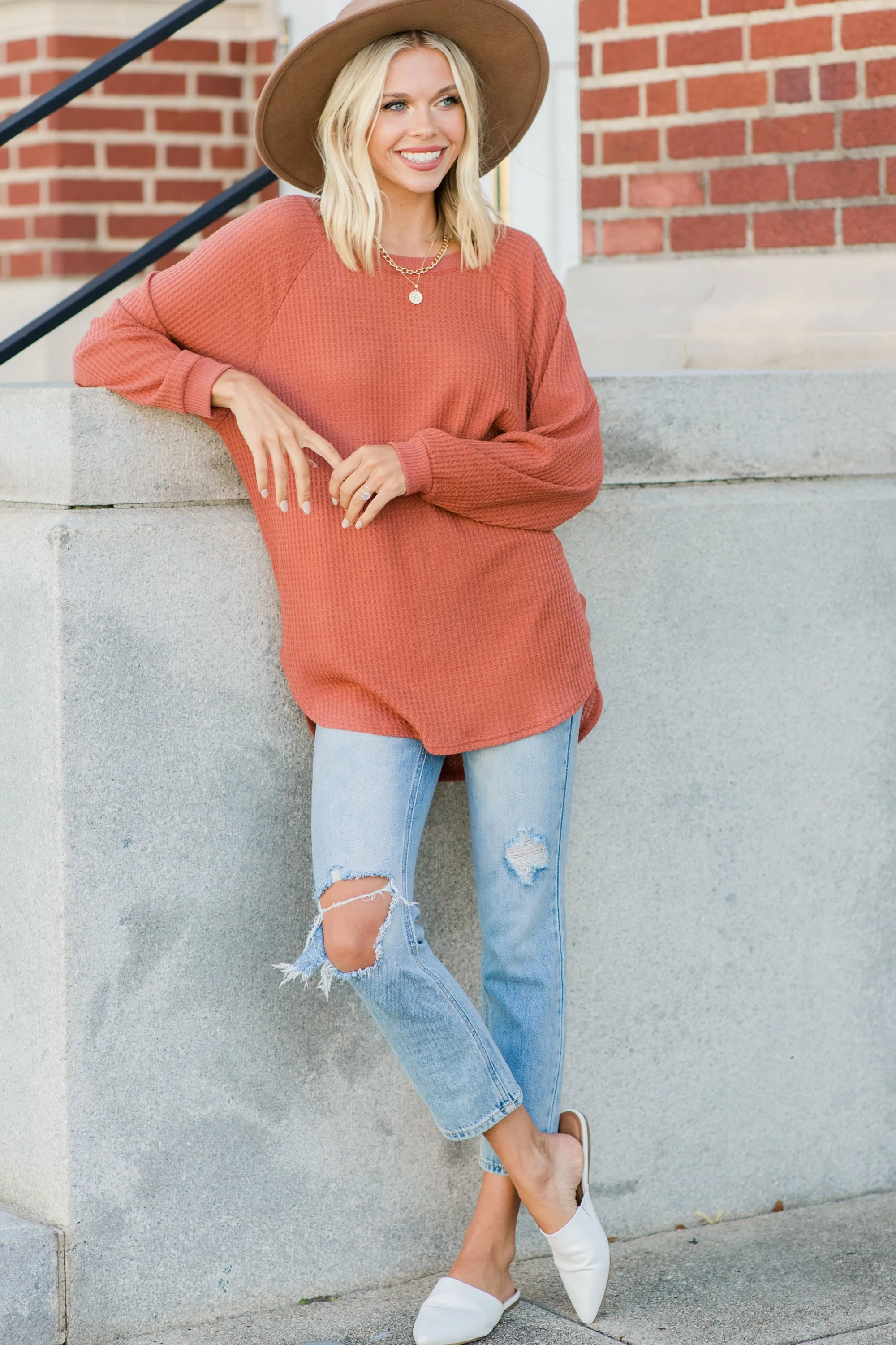 Easy Like Sunday Rust Orange Waffle Tunic