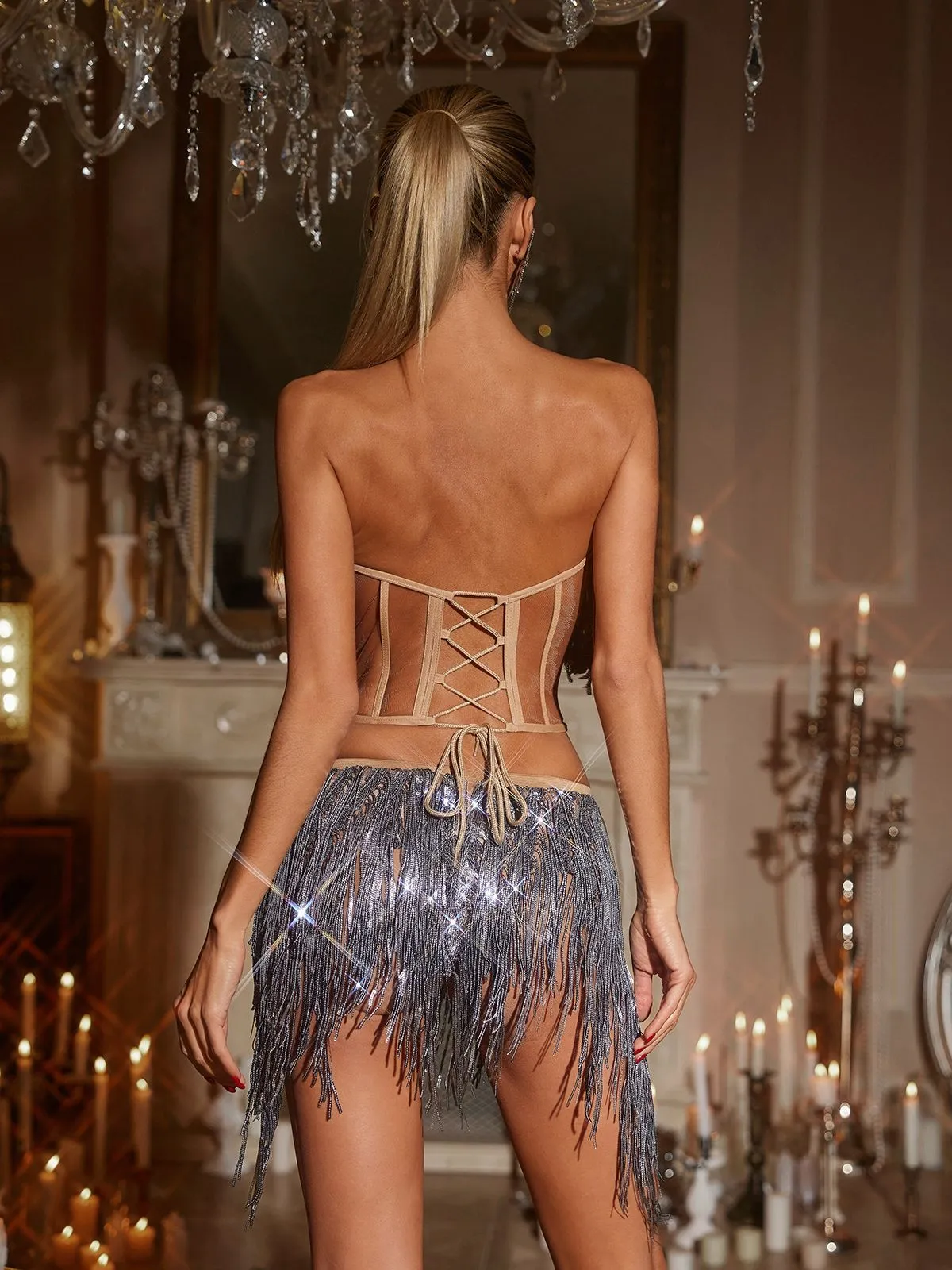 Emani Corset Glitter Fringe Bodysuit In Grey