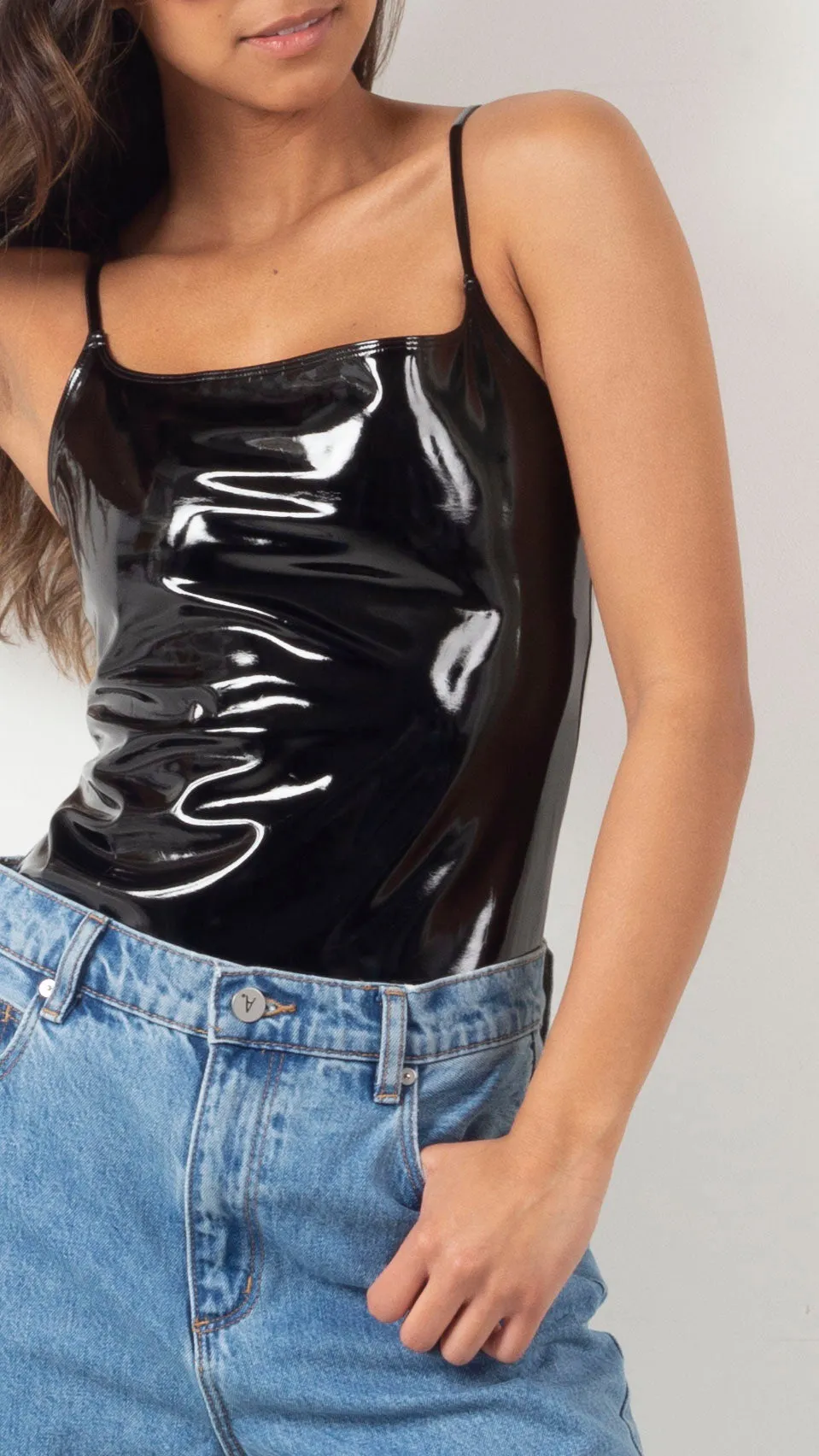 Faux Patent Leather Cami Bodysuit - Black