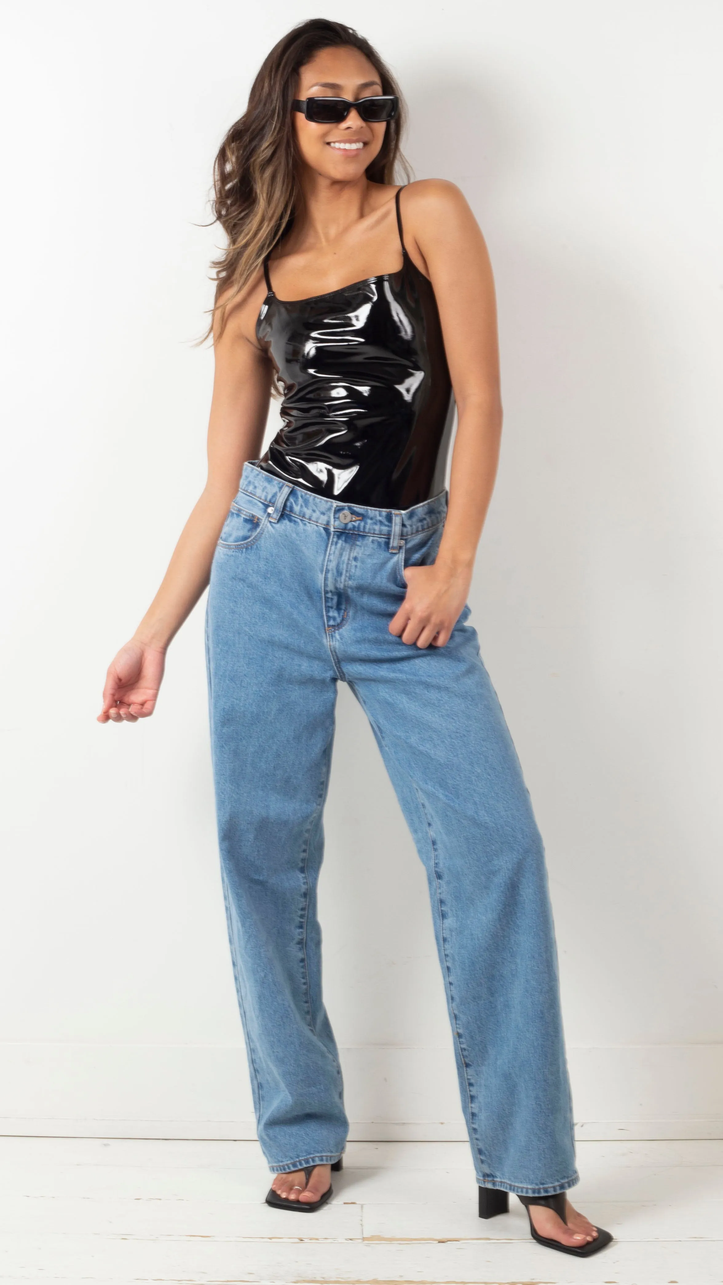 Faux Patent Leather Cami Bodysuit - Black