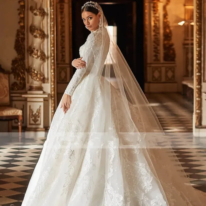Gorgeous Appliques Ball Gown Muslim Bridals Dress